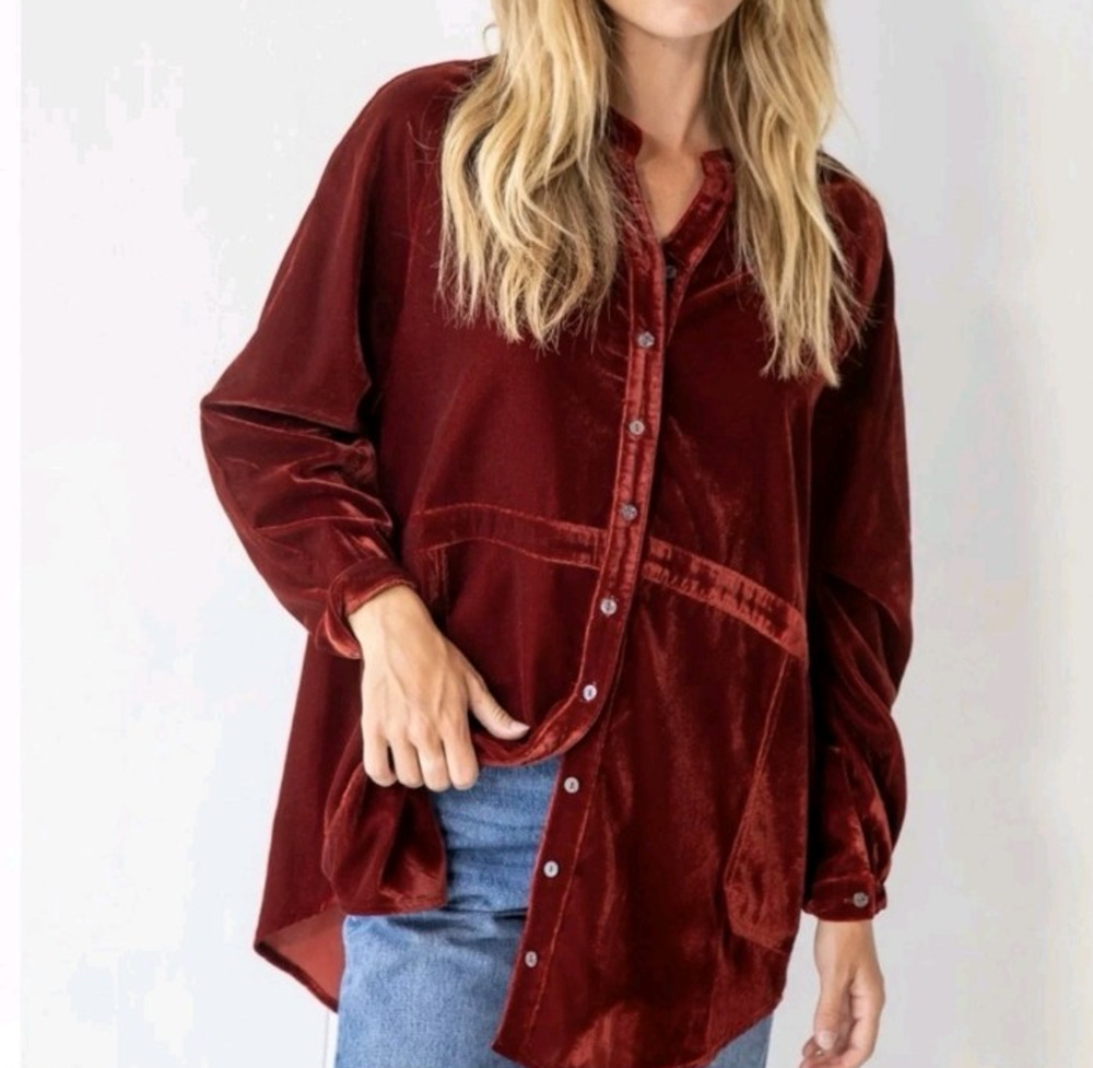 Natural Life Velvet Rust Red Button Up Long Sleeve Tunic Top XXL Boho Chic